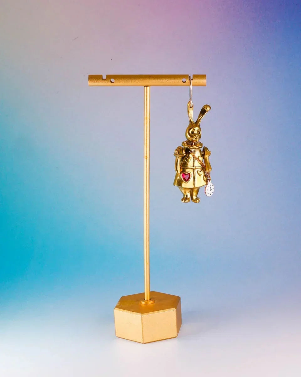 Articulated White Rabbit Earring with moving parts, Alice in wonderland inspired handmade jewellery, with enamel clock, and magenta CZ stone, by fake plastic love