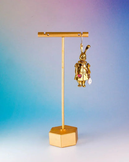 Articulated White Rabbit Earring with moving parts, Alice in wonderland inspired handmade jewellery, with enamel clock, and magenta CZ stone, by fake plastic love
