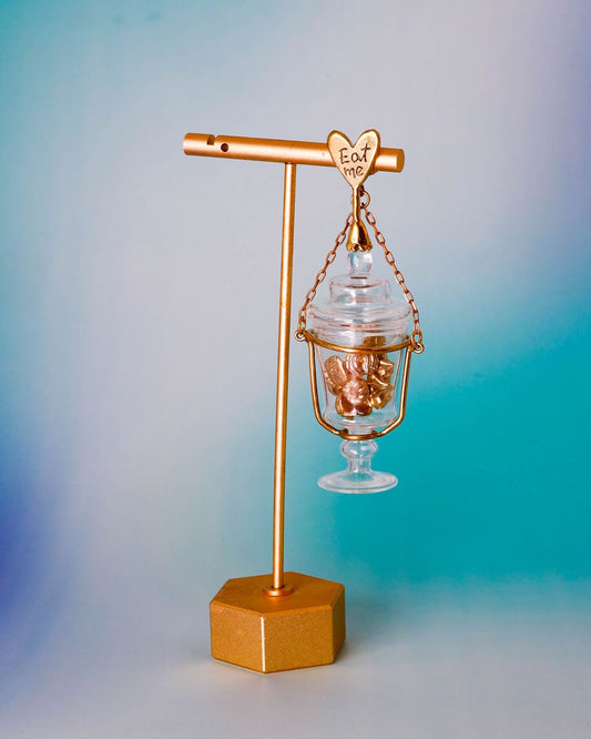 Alice in Wonderland "Eat Me" cake earring/pendant with brass desserts in glass jar, handmade by fake plastic love