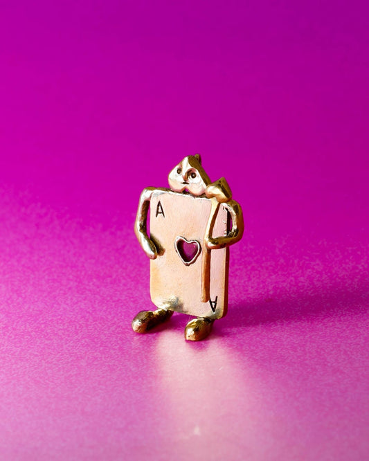 Handmade Card Guard earrings/pendant in brass with magenta CZ stone, Alice in Wonderland jewellery, by fake plastic love