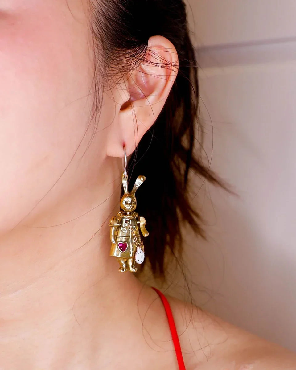 Articulated White Rabbit Earring with moving parts, Alice in wonderland inspired handmade jewellery, with enamel clock, and magenta CZ stone, by fake plastic love