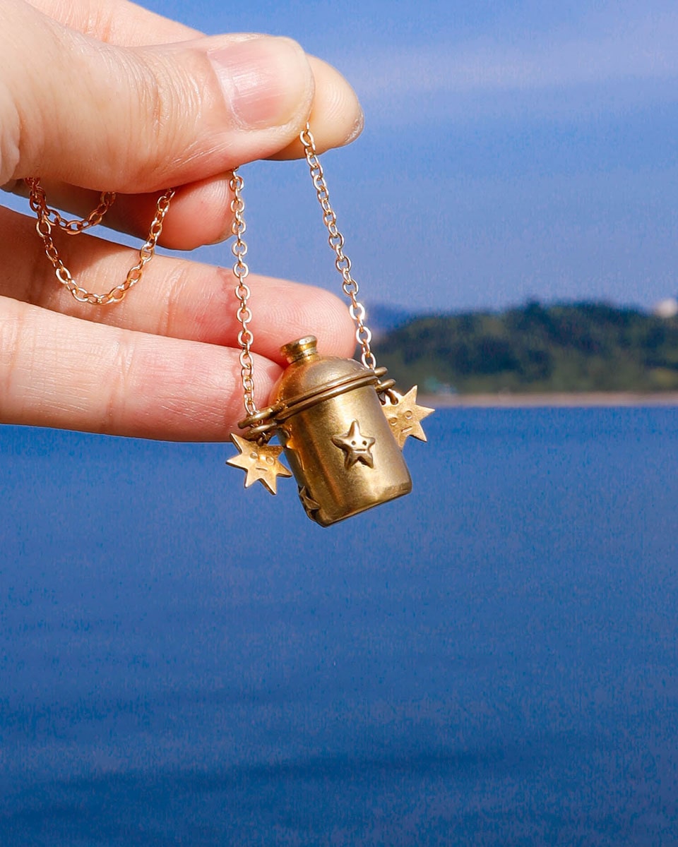 The Starry Container Locket Necklace, solid brass locket pendant with star face pattern, handmade by fake plastic love