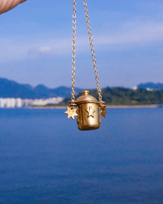 The Starry Container Locket Necklace, solid brass locket pendant with star face pattern, handmade by fake plastic love
