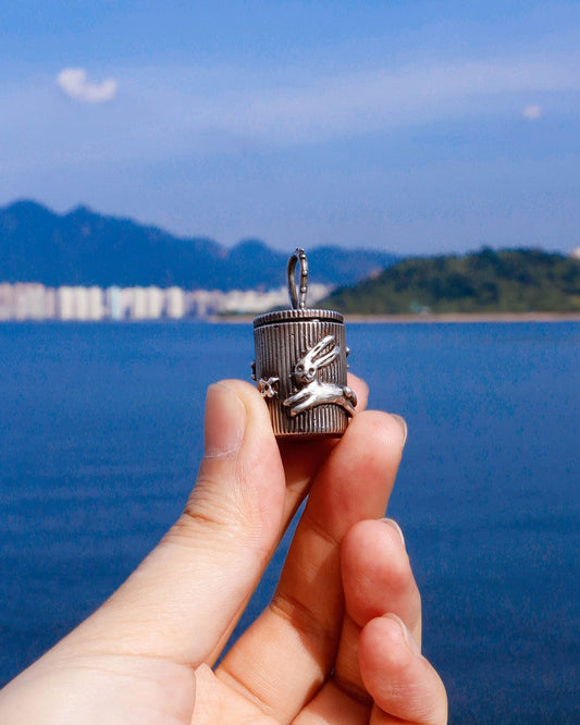 Solid sterling silver container locket with rabbit and flower pattern, handmade from wax carving technique, by fake plastic love