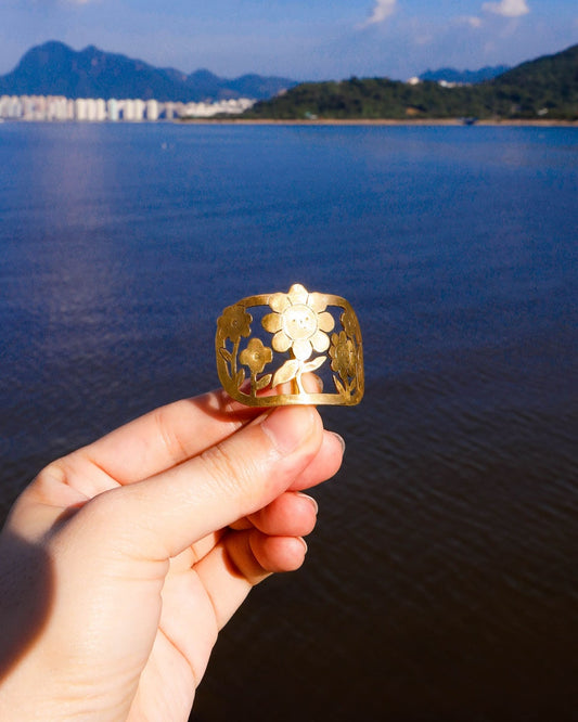 smiley face five flowers ponytail hair cuff, handmade from solid brass, hair jewellery by fake plastic love
