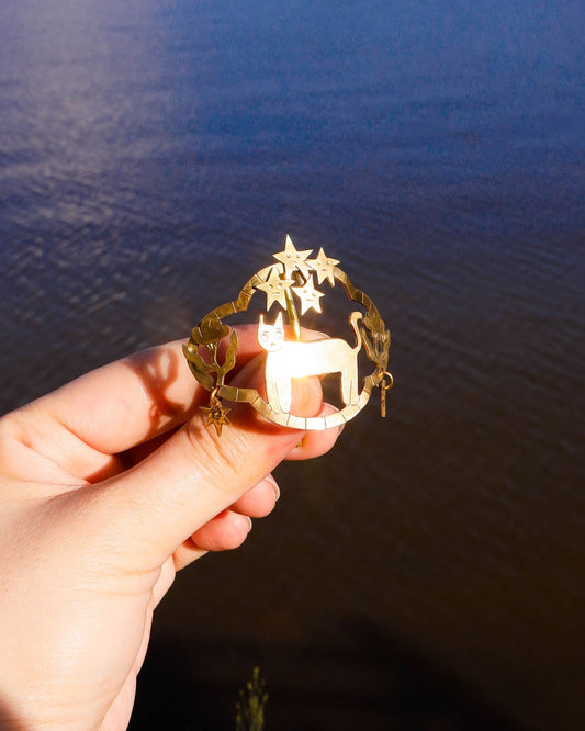 handmade brass kitty cat hair cuff, pony tail hook with stars and flowers design, by fake plastic love