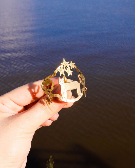 handmade brass kitty cat hair cuff, pony tail hook with stars and flowers design, by fake plastic love