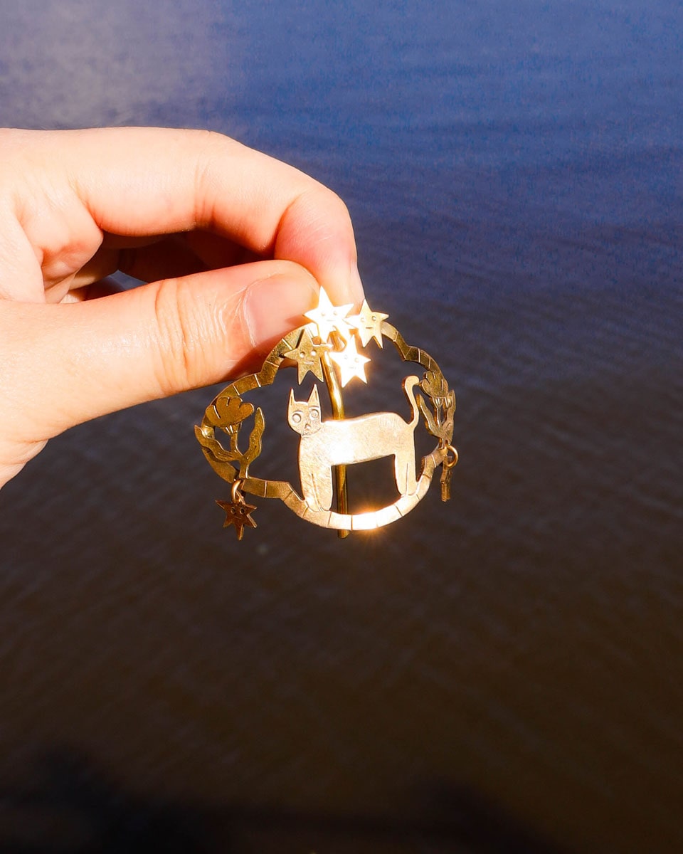 handmade brass kitty cat hair cuff, pony tail hook with stars and flowers design, by fake plastic love