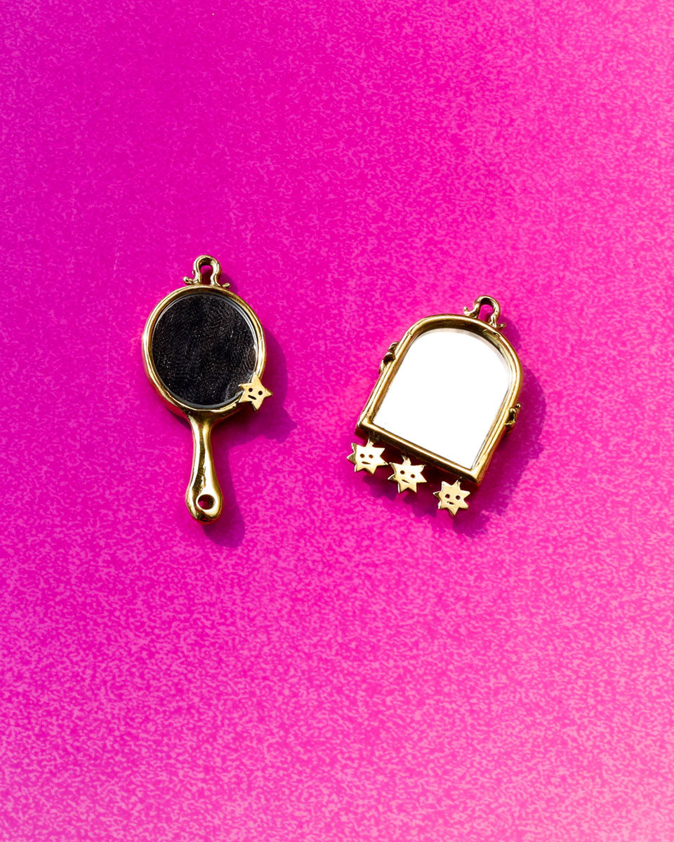 Gold tiny hand mirror and arched frame mirror charm with stars designs, handmade miniature charms