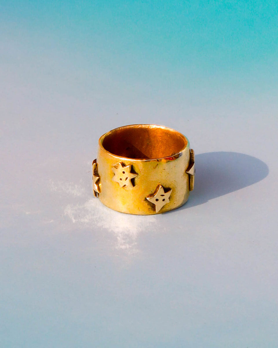 many stars ring, brass wide band ring with star design 