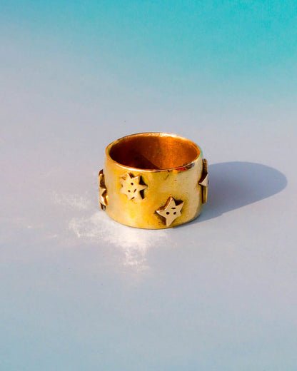 many stars ring, brass wide band ring with star design 