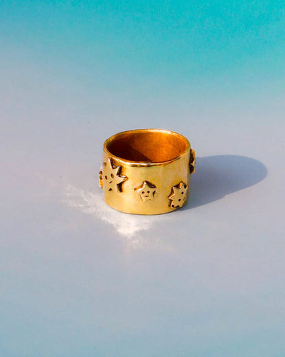 many stars ring, brass wide band ring with star design 
