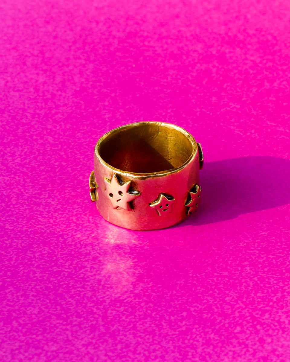 many stars ring, brass wide band ring with stars design 