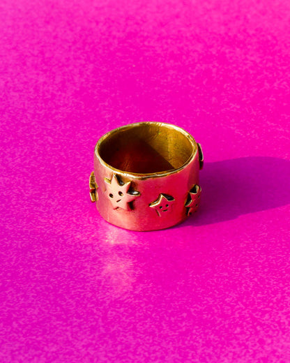 many stars ring, brass wide band ring with stars design 
