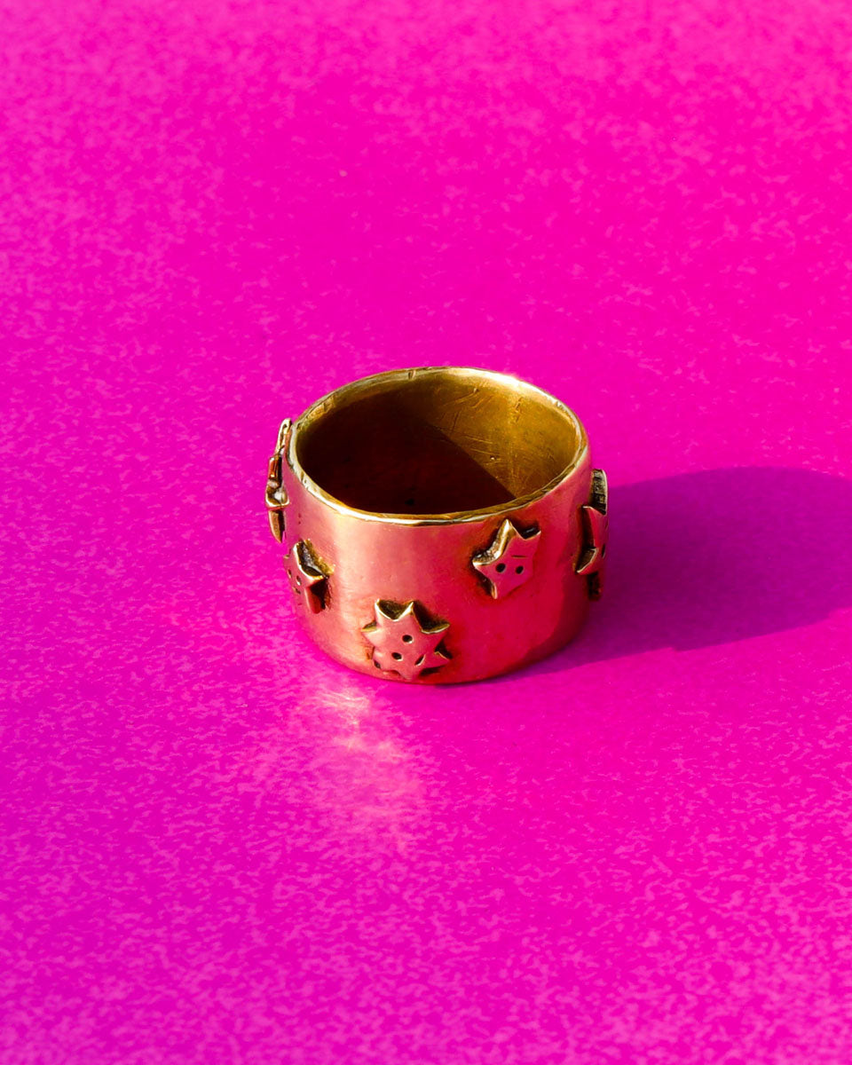many stars ring, brass wide band ring with stars design 