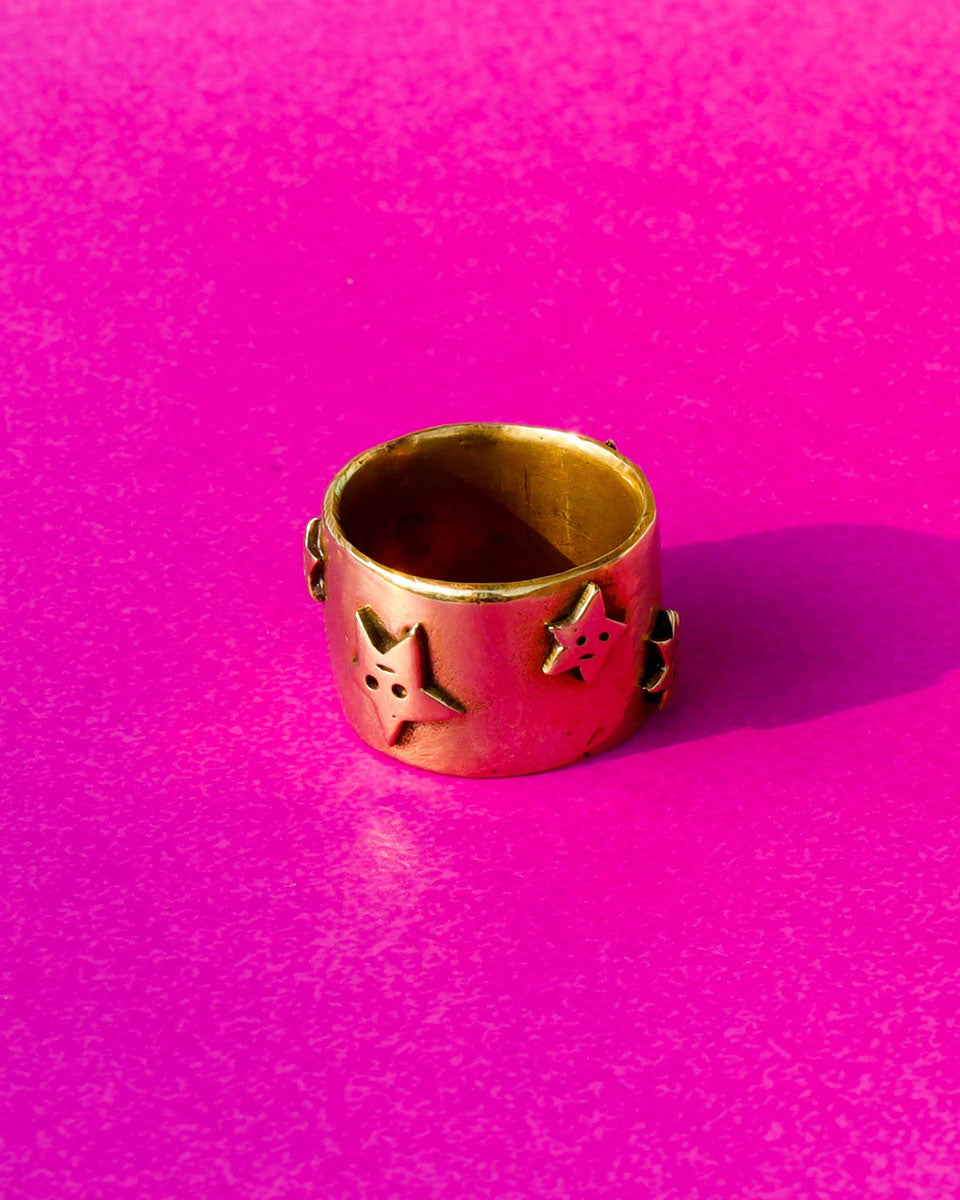 many stars ring, brass wide band ring with star design 