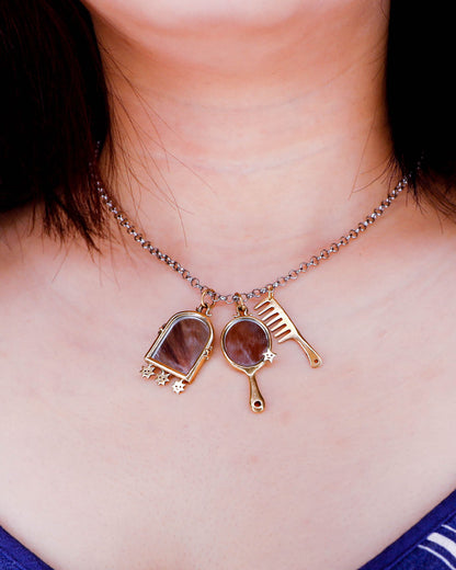 necklace with miniature hand mirror, arched shaped mirror and a comb pendants, handmade in solid brass
