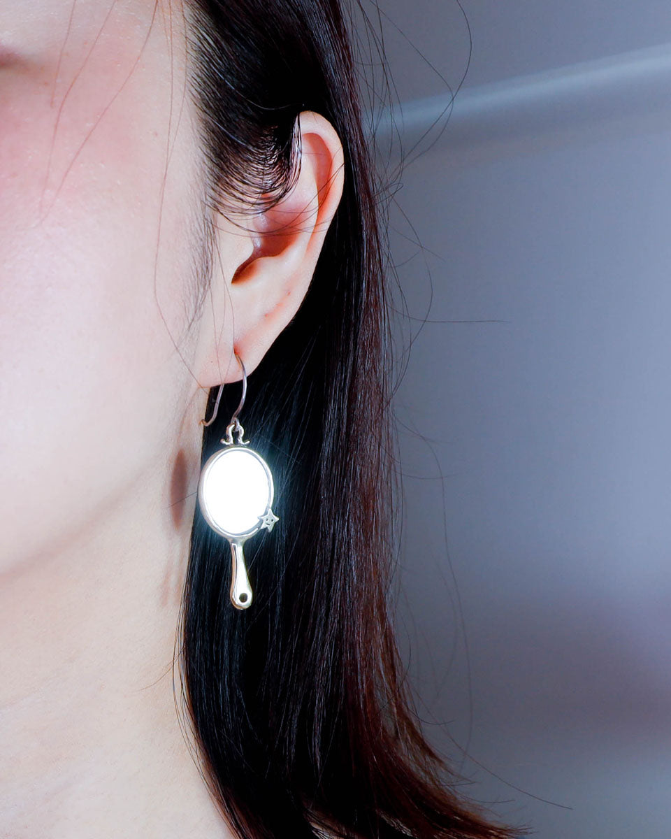 Gold tiny hand mirror in brass and sterling silver ear wire, with star design, handmade miniature jewellery