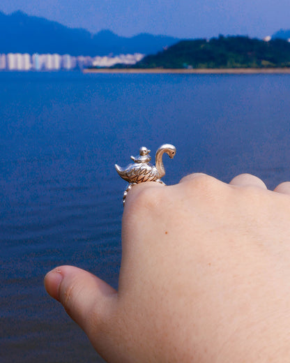 Swan and cygnet sterling silver ring from the With Stars as Witness collection