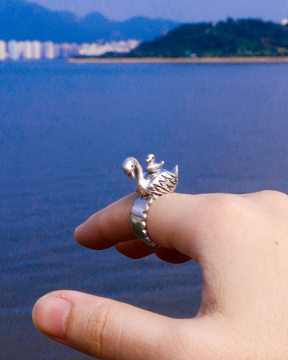 Swan and cygnet sterling silver ring from the With Stars as Witness collection