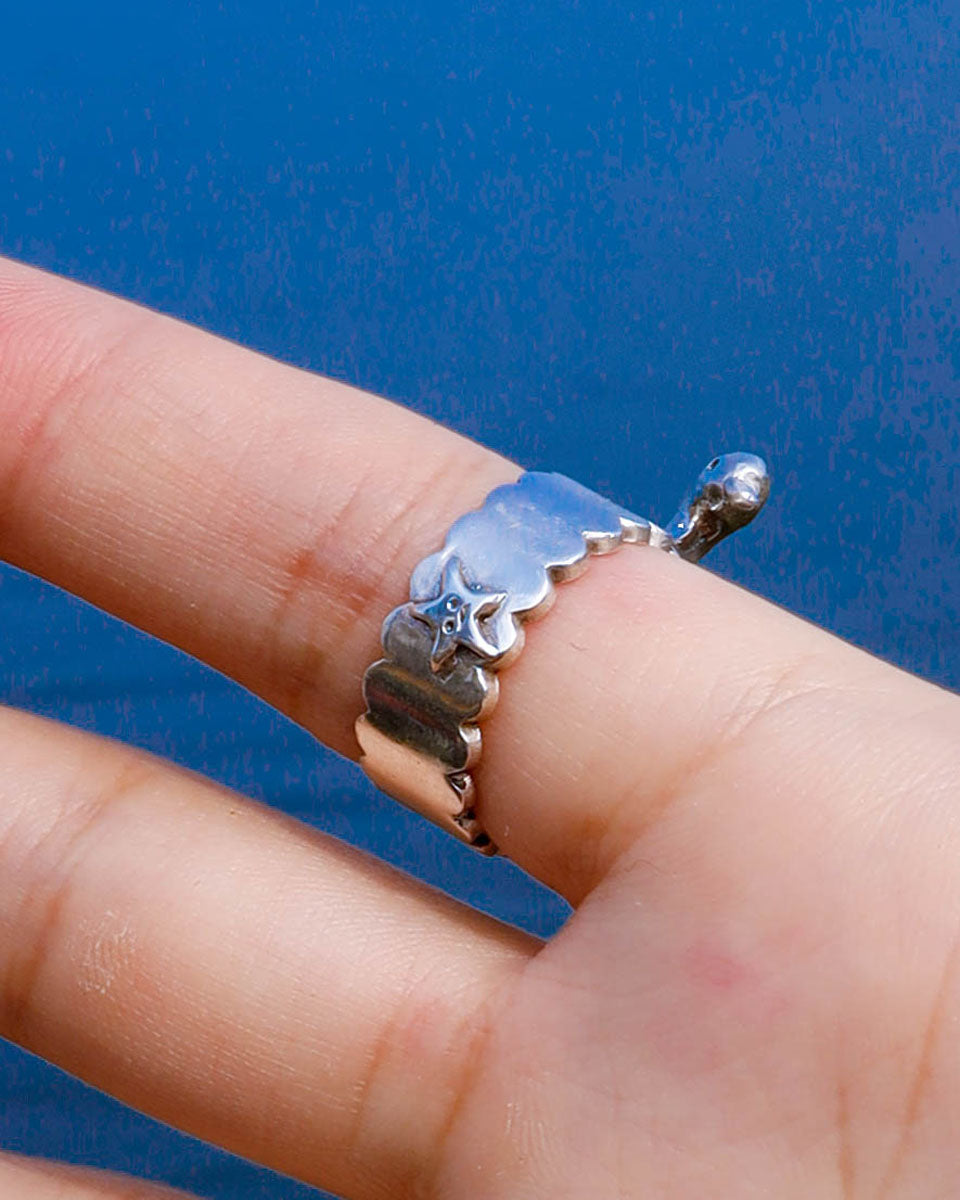 Sterling silver swan and cygnet ring with star detail