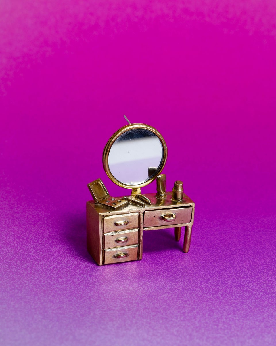 Wearable miniature makeup vanity, handcrafted art jewelry from Room Collection