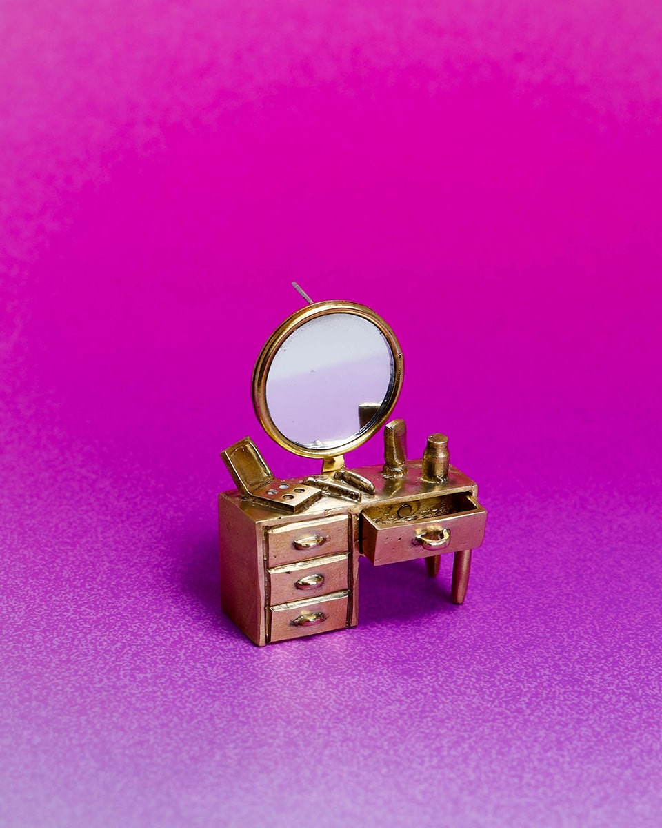 Wearable miniature makeup vanity, handcrafted art jewelry from Room Collection