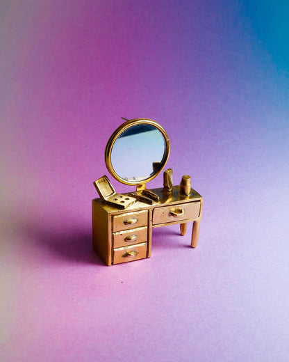 Wearable miniature makeup vanity, handcrafted art jewelry from Room Collection