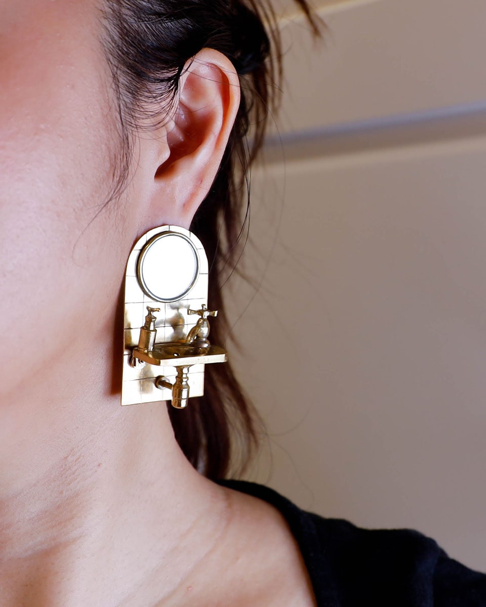 Wearable miniature sink art jewelry, handcrafted in brass