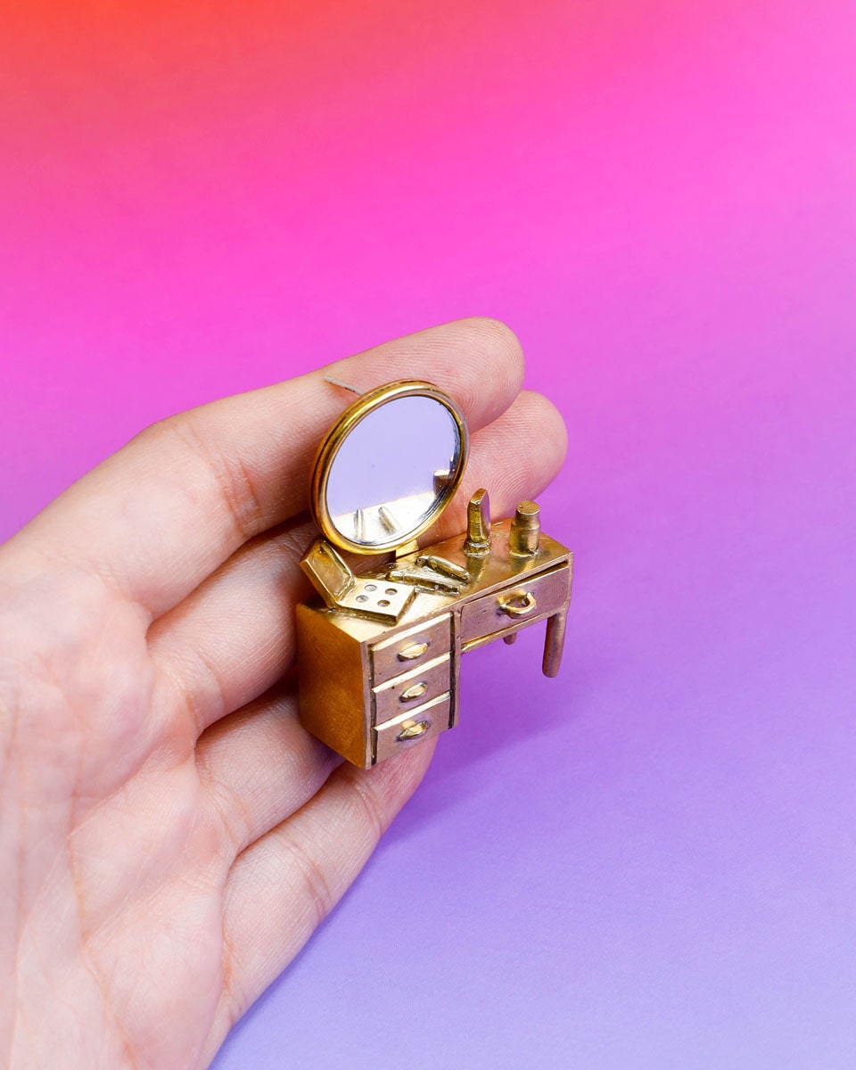 Wearable miniature makeup vanity, handcrafted art jewelry from Room Collection