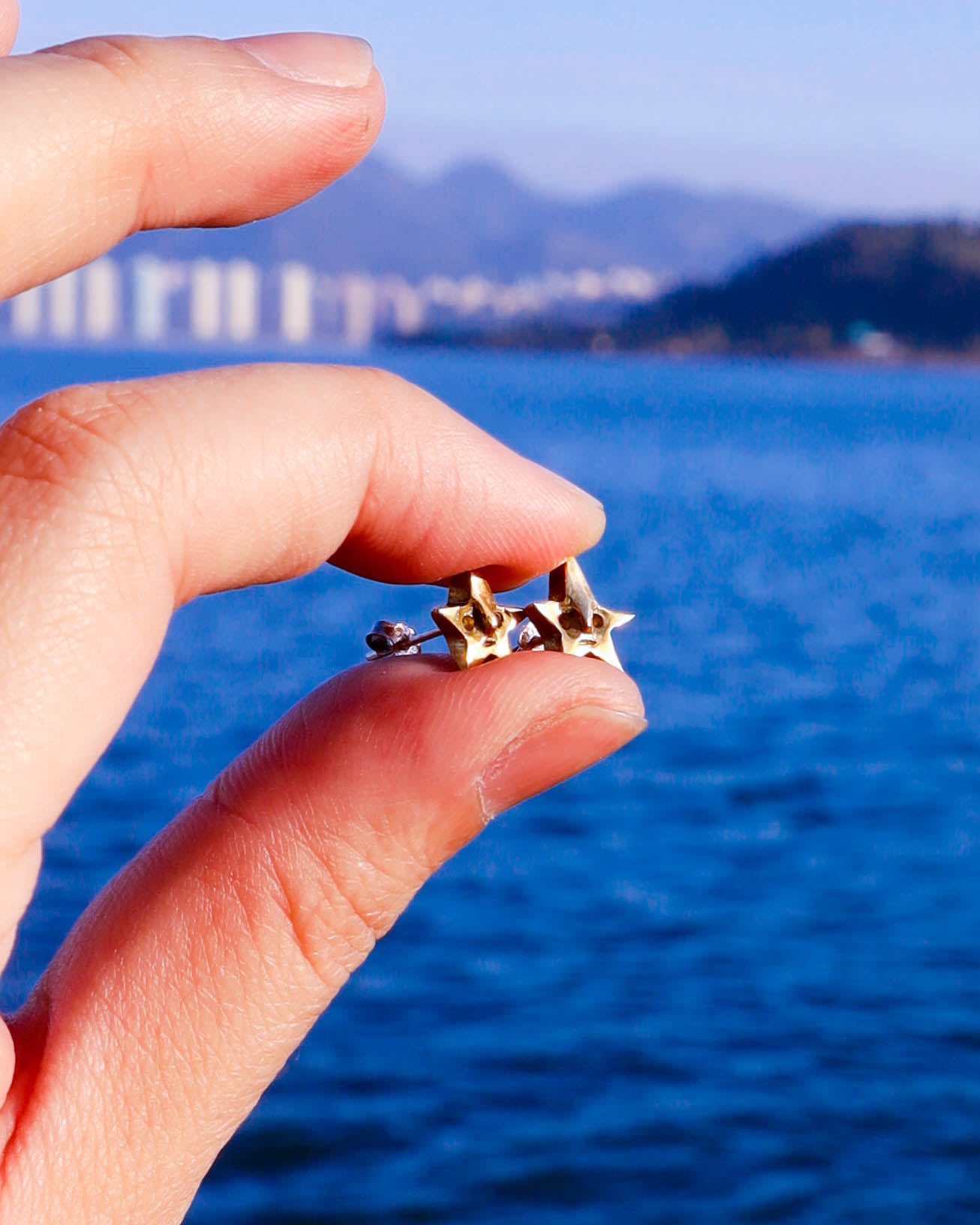 a pair of tiny stars ear studs in solid brass