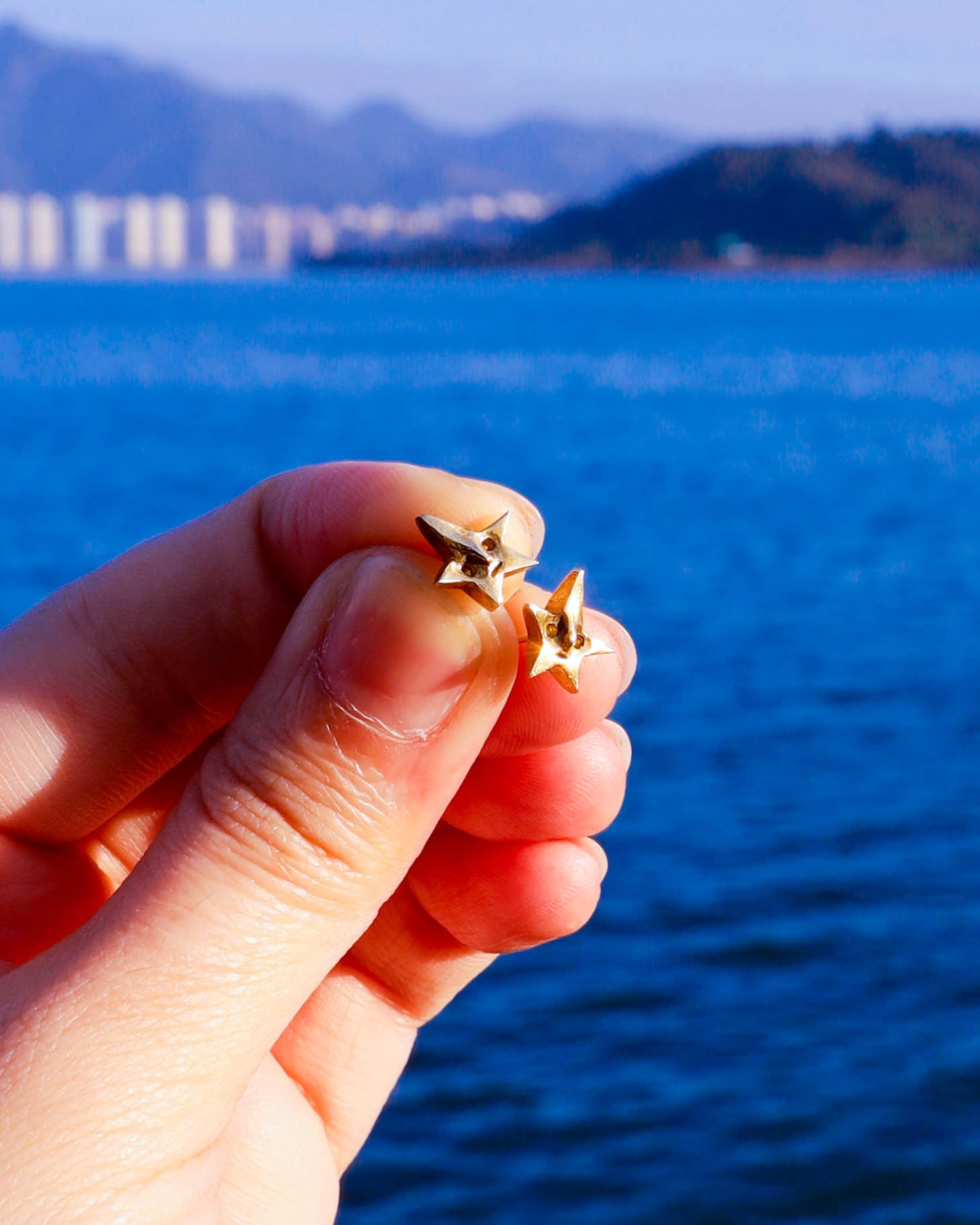 Hand holding a pair of solid brass star-shaped earrings with a blue water and mountain background