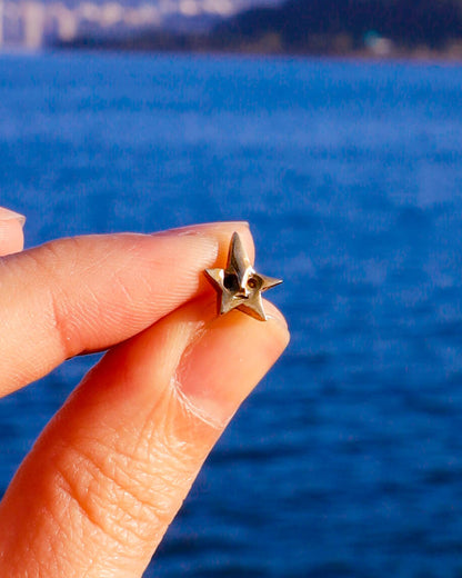 Star-shaped brass earring held between fingers with a blue water background