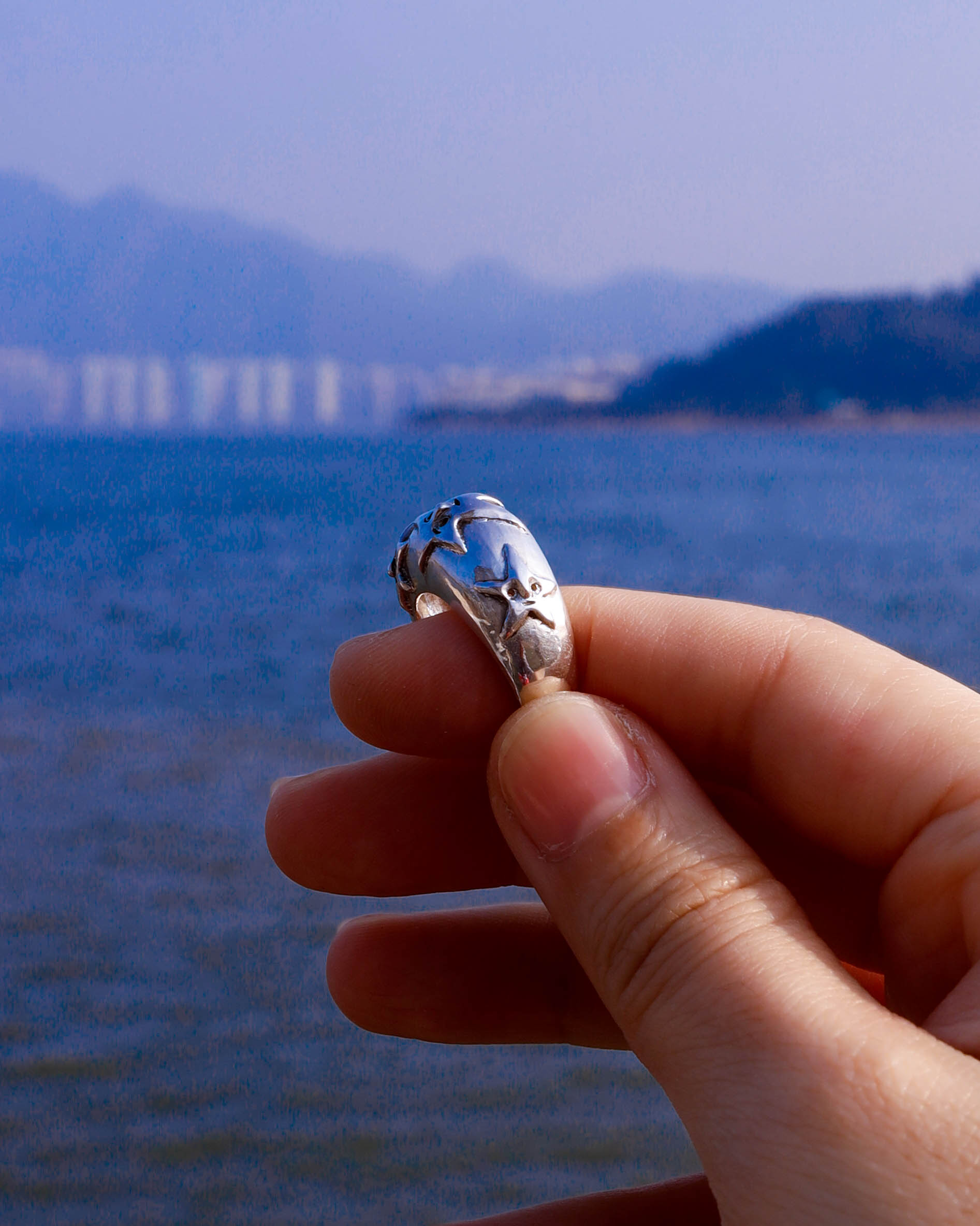 A Puke Of Stars Ring, a solid sterling silver ring with stars design on the signet ring