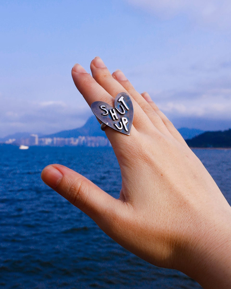 Shut up sterling silver ring, handmade in lost wax casting technique, by fake plastic love
