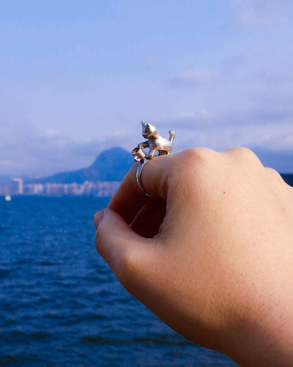 naughty kitty sterling silver ring, cat pushing cup off table, handmade jewellery, by fake plastic love