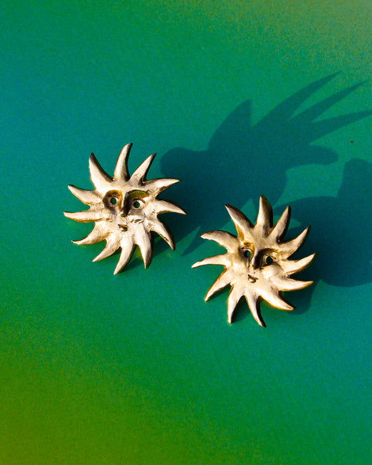 Solid brass sun earrings, handmade studs
