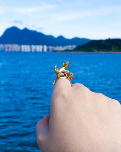naughty kitty solid brass ring, cat pushing cup off ring band, set with cz stone, handmade jewellery, by fake plastic love