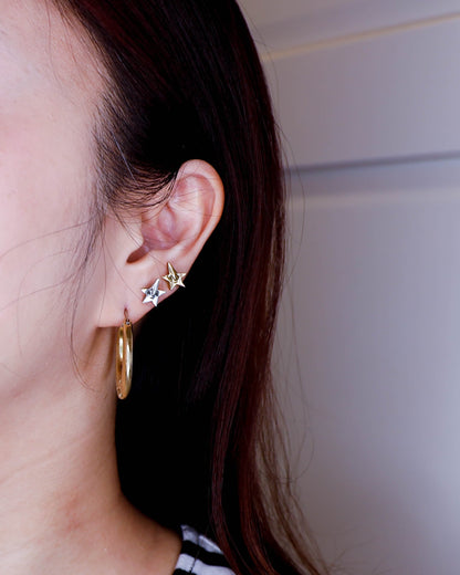 solid brass full moon hoops earrings, with tiny stars face studs earrings